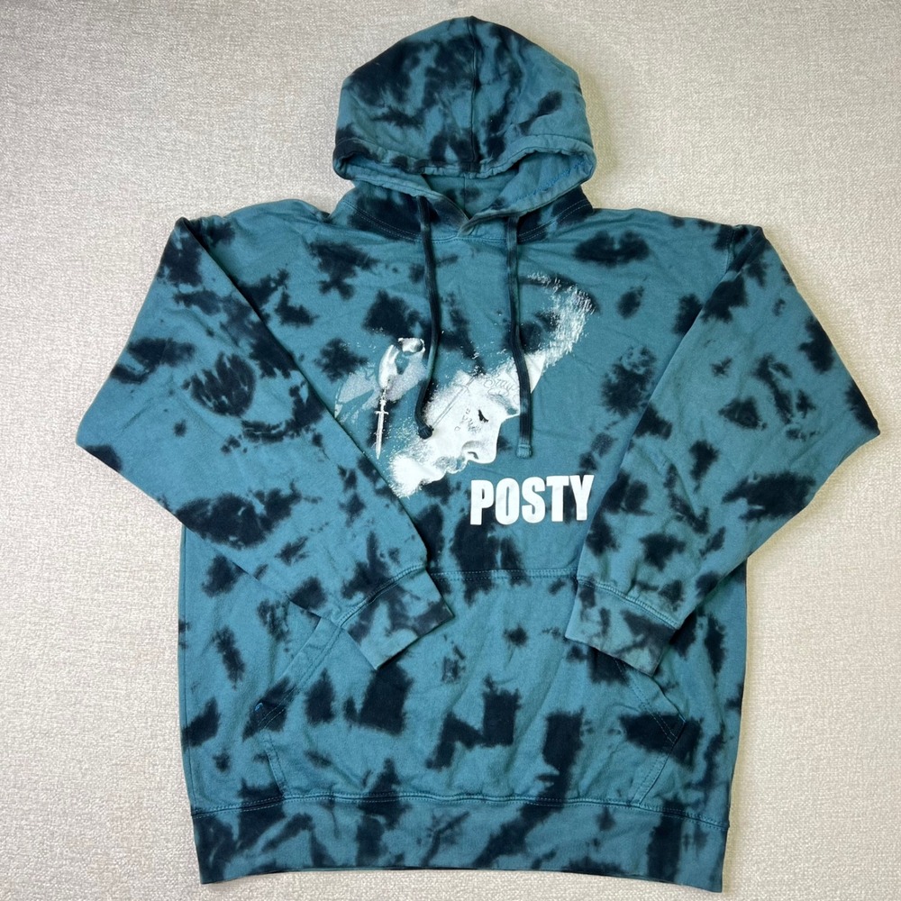 Post Malone Posty Tie Dye Graphic Hoodie Black Teal Mens XL Streetwear Merch